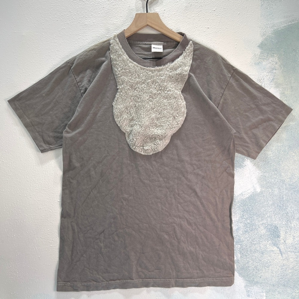VTG Murina Animal Head Sherpa T-Shirt Bib Mens Sz L Grey Applique Distressed USA